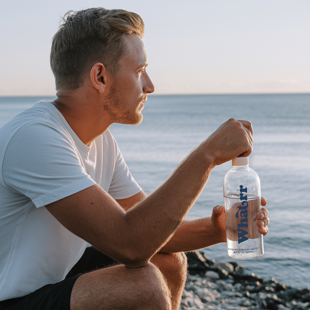 Man Sitting On The Beach Holding A Whatrr Biodegradable Bottle
