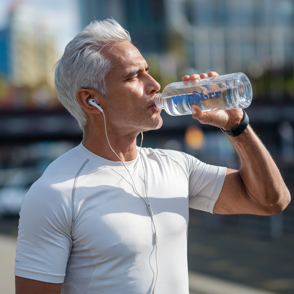 Man Wearing Headphones And Drinking Out Of  A Whatrr Biodegradable Bottle