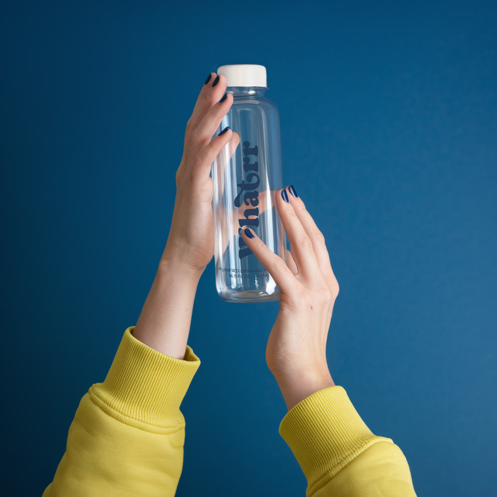 Two Hands Holding A Biodegradable Whatrr Bottle